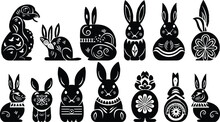 Chinese And Vietnamese Festival Rabbits: Oriental Style Lunar New Year Animals With Flower Ornaments, Mid-Autumn Bunny Silhouettes