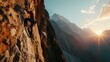 A fearless rock climber, scaling a steep cliff against the backdrop of rugged mountains in the Himalayas, bathed in the soft glow of sunrise