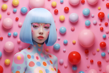 Wall Mural - Fashion surreal Concept. Futuristic sci-fi blue wig woman porcelain like doll of colourful balls retro vintage avant garde background. illuminated with dynamic composition and dramatic lighting