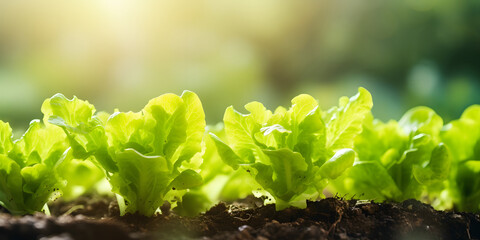 Wall Mural - Young lettuce green leaves growing in row in garden bed of farmland in dirty soil