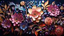 Decorative Various Flowers On A Dark Background In 3D Art Style. Floral Pattern With Dominance Of Orange And Blue Colors.