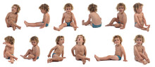 Group Of Same  Boy In Underpants Sitting On The Floor On White Background (3 Year Old)