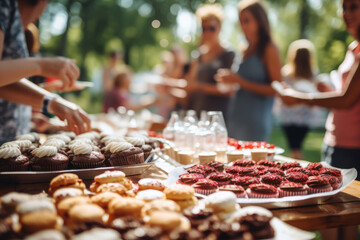 Community volunteers or office staff organizing fundraising event to support local charity or nonprofit organization. Closeup of table with homemade cupcakes and desserts for sale outdoors