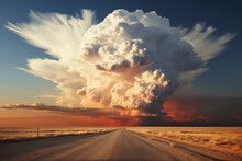 Landscape With Dramatic Sky And Huge Cumulonimbus Thundercloud On The Horizon, Nature Background