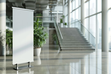 Wall Mural - pull up banner mockup stands in the elegant building hallway. blank roll up poster for advertising o