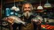 A smiling middle-aged man sells fresh fish in a fish shop. A confident businessman.