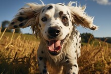 Portrait Of A Happy Dalmatian With An Open Mouth And Bright Eyes Against A Blue Sky With Clouds. Concept: For Articles About Pets, Advertising Of Veterinary Services And Thematic Publications About Do