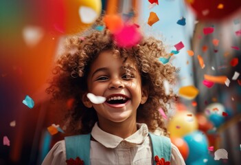 little girl holding confetti circus clown smiling in white balloons