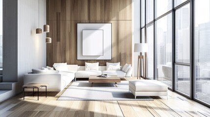 Modern interior design backdrop with minimalist decor, sleek furniture