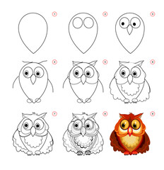 Wall Mural - how to draw a cute little owl. educational page for children. creation step by step animal illustrat