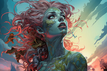 Wall Mural - female zombie, close-up portrait. undead, drowned, ghoul girl. negative character. colorful illustration.