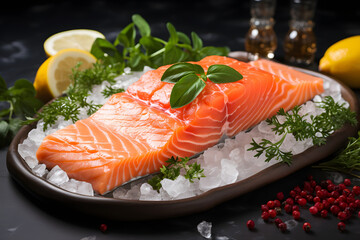 Wall Mural - fillet of red fish on a plate and lemons. butchered fresh pieces of fish in close-up. cooking.