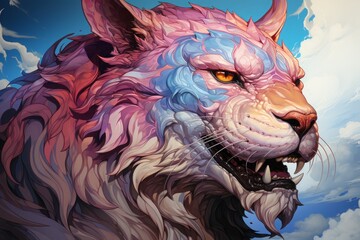 Wall Mural - fantasy portrait of a fictional monster, a mythical creature. predator of the feline family. colorful illustration.