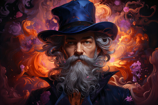 wizard, magician, sorcerer in a hat. fantasy character. portrait of a man with a mustache and curly beard, illustration in orange-purple tones.