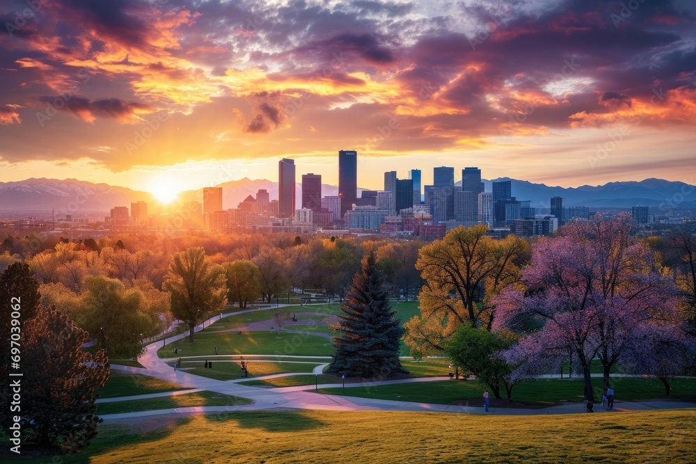 Denver City Park: Morning Glow over Mountains and Skyline Stock Photo ...