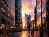 Fototapeta Londyn - Sunset Over London's Financial Hub: Canary Wharf Skyline and Business District