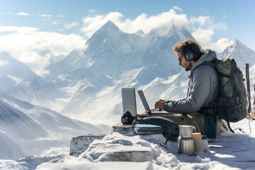 A man programmer coding on a laptop computer high in the mountain snowy hill. Remote work on mountain top. Sunny day.