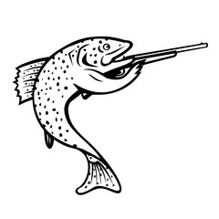 Wall Mural - Mascot illustration of rainbow trout aiming a shotgun rifle viewed from side on isolated white background done in black and white cartoon retro style.
