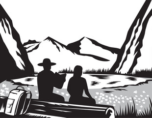 Wall Mural - Retro woodcut style illustration of a male and female hiker tramper sitting on log reading with backpack leaning against log looking at meadow, small glacier lake with steep cliffs and mountains.
