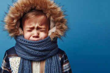 A portrait of a little boy dressed in winter clothes is shaking from the cold on solid blue background. ai generative