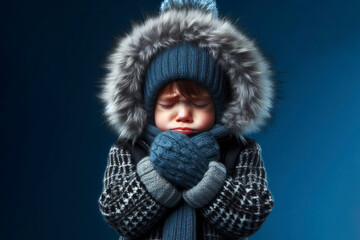 Wall Mural - A portrait of a little boy dressed in winter clothes is shaking from the cold on solid blue background. ai generative