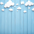 Cute children or baby background, white clouds on the blue wooden background. AI.