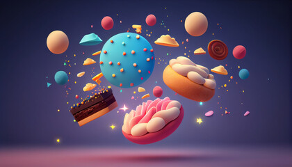 Wall Mural - Abstract isolated floating macarons sweets on a blue or purple background, magic cloudy sky composition. Generative AI