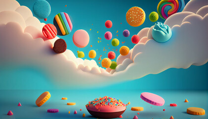 Wall Mural - Abstract isolated floating macarons sweets on a blue or purple background, magic cloudy sky composition. Generative AI
