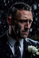 Wall Mural - A man in a suit and tie stands sadly in the rain.