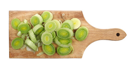 Wall Mural - Chopped leek slices pile on cutting board, isolated on white 