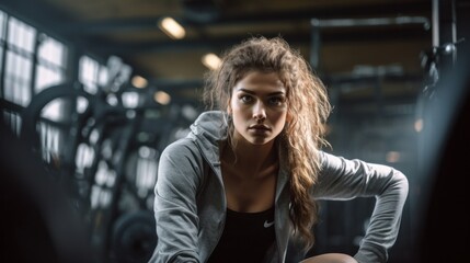 Poster - A woman in a grey hoodie squatting down with weights, AI