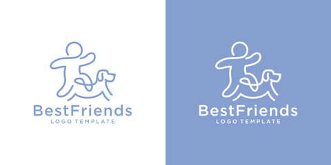 Creative Best Friends Logo. A Human or Child and Dog Playing Together with Lineart Outline Logo Design.