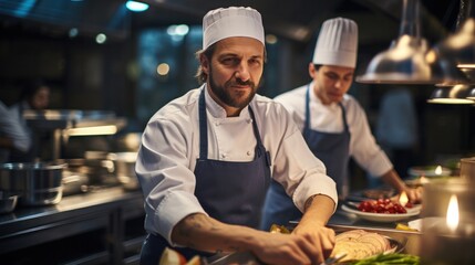 Two chefs in a kitchen preparing food for customers, AI