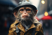 Cute Little Monkey Dressed In Human Clothes In The Rain Walking In The City. Anthropomorphic, Animal Character