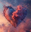 Dramatic and romantic heart-shaped cloud of blue and pink inks blending in an abstract form