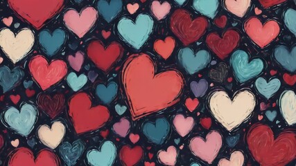 Love heart seamless pattern illustration. Trendy hand-drawn doodle seamless pattern with hearts. Valentine's day holiday backdrop texture.Created with Generative Ai technology