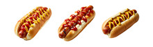Set Of Three Flavorful Hot Dogs: Indulge In A Hot Dog With Ketchup, Another With Mustard, And A Third With The Perfect Blend Of Ketchup And Mustard, Isolated On Transparent Background, PNG