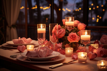 Sticker - A romantic dinner table setting for two, adorned with candles, flowers, and heart-shaped decorations. Generative Ai.