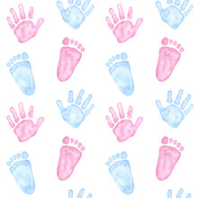 Seamless Pattern Little Pink Blue Palm, Handprint, Footprint. Baby Shower, Gender Reveal Party, Design Invitation. Boy Or Girl. Hand Drawn Watercolor Illustration White Background.