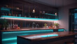 Nighttime illustration of a modern kitchen with a counter bar pendant lights neon lights glass window and decor
