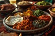 Savoring Ethiopia: A Culinary Odyssey Unfolds on an Injera-Lined Platter, Displaying the Heart of Ethiopian Cuisine with Spongy Teff Flatbreads and a Medley of Authentic, Spicy, and Delicious East Afr