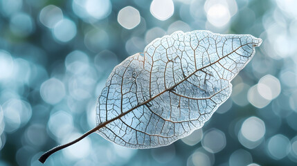  Beautiful white skeletonized leaf on light blue background with round bokeh. Expressive artistic image of beauty and purity of nature.