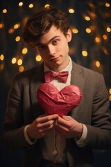 Canvas Print - A young man in a bow tie holding up a heart shaped balloon, AI