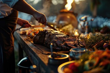 Wall Mural - A Chef's Station at a Countryside Wedding Reception Presents an Elegant Buffet, Enhancing the Rustic Celebration with Gourmet Cuisine