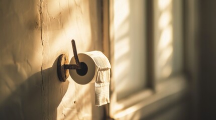 Poster - A close up of a roll of toilet paper on the wall, AI