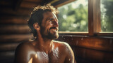 relaxed and happy man in the shower of a spa or sauna