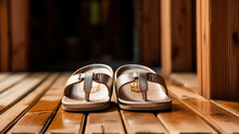 Close Up Of A Pair Of Sandals In A Spa With Wooden Floor
