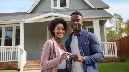 a african american couple new house owner, excited and happy face holding the new house key 