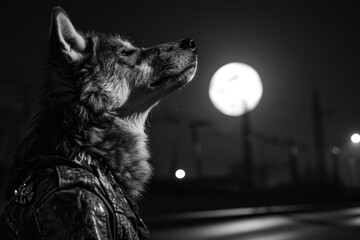 Wall Mural - Black and white portrait of a wolf as biker under full moon, generated with AI