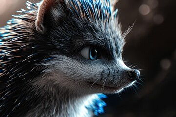 Wall Mural - Black and white portrait of a hedgehog, blue spikes, generated with AI